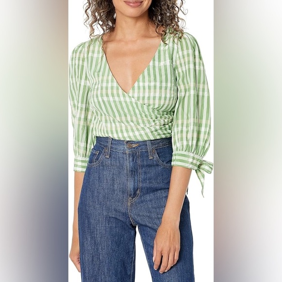CINQ‎ A SEPT Flora Check Faux Wrap Top Size S Hemp (Green) - Picture 1 of 10